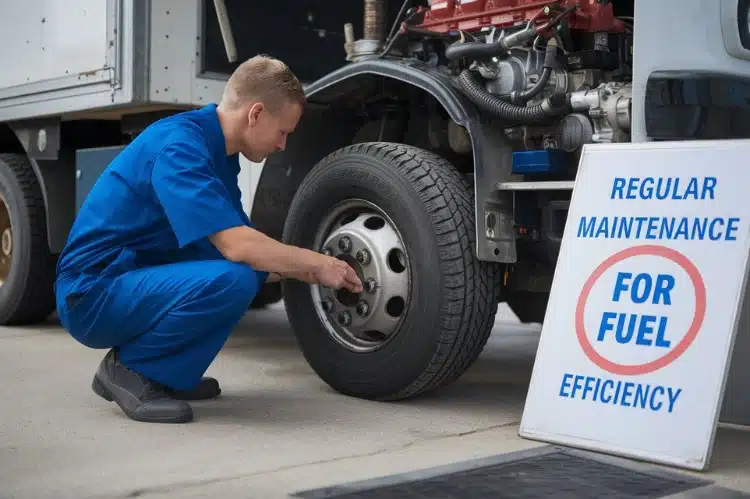 A mechanic performing a routine inspection on a delivery vehicle