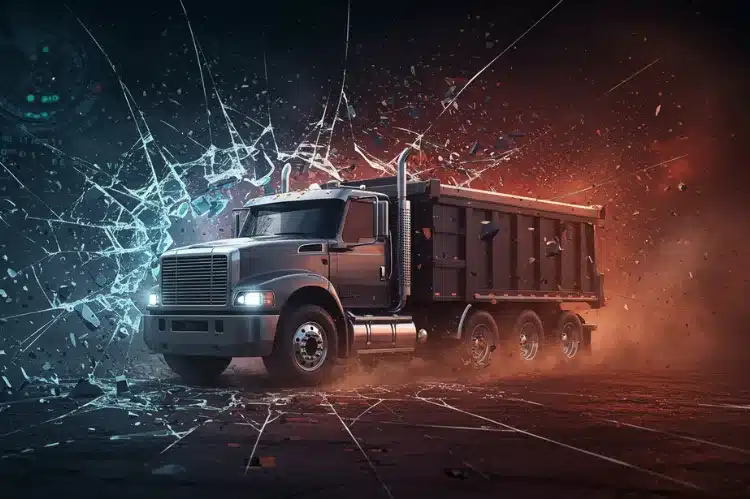 Dramatic shot of a diesel truck breaking digital barriers.