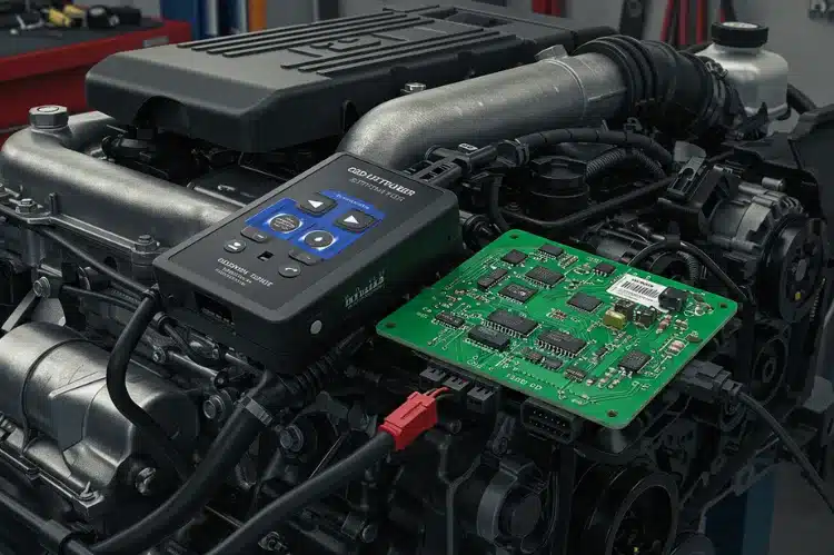 A view of diesel engine connected to OBD-II tuner microprocessor circuits.