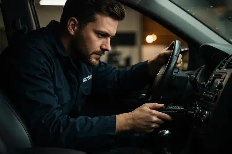 Driver plugging tuner into OBD-II port under dashboard interface.