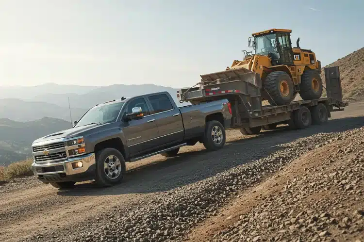 Diesel pickup truck towing heavy trailer uphill speed torque.