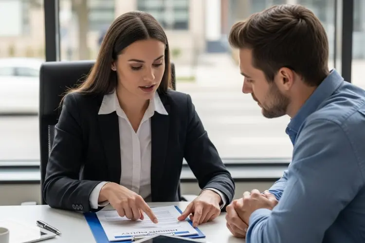 Professional image of an insurance agent showing a policy document to a driver inside an office.